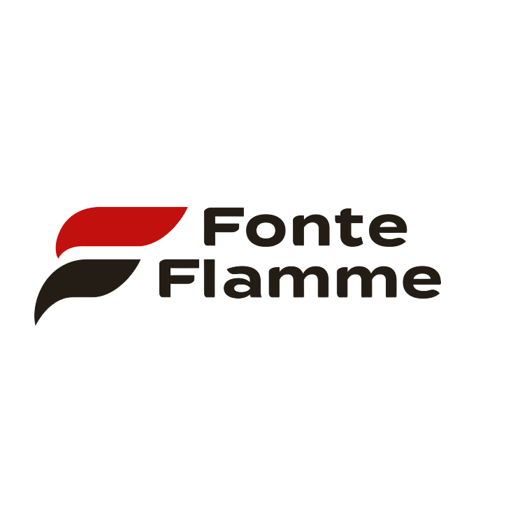 Logo Fonte Flamme avec une icône de flamme rouge et noire et un texte marron gras sur fond blanc