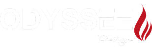 Logo blanc « ODYSSE » avec une icône de flamme rouge à droite, sur fond clair