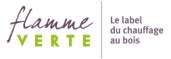 Logo “Flamme Verte” vert et noir avec le texte « Le label du chauffage au bois » sur fond blanc