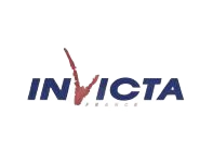 Logo Invicta bleu foncé avec une coche rouge traversant le V et un petit slogan gris en dessous