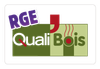Logo portant l'inscription « RGE QualiBois » en violet, vert, rouge et blanc.