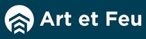 Logo Art et Feu sur fond turquoise, avec embl&egrave;me et texte blancs