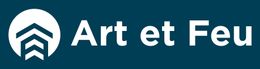 Logo Art et Feu sur fond turquoise, avec embl&egrave;me et texte blancs