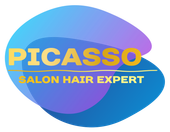 Un logotipo azul y morado para Picasso Salon Hair Expert.