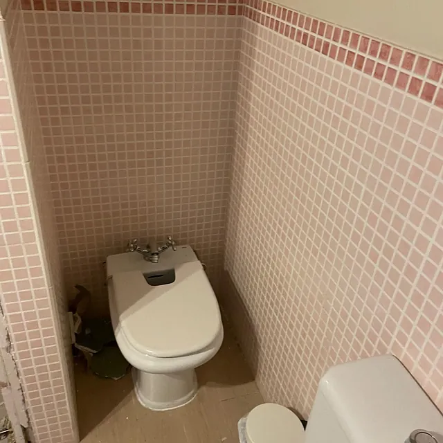 Un inodoro y un bidé en un baño con azulejos de color rosa.