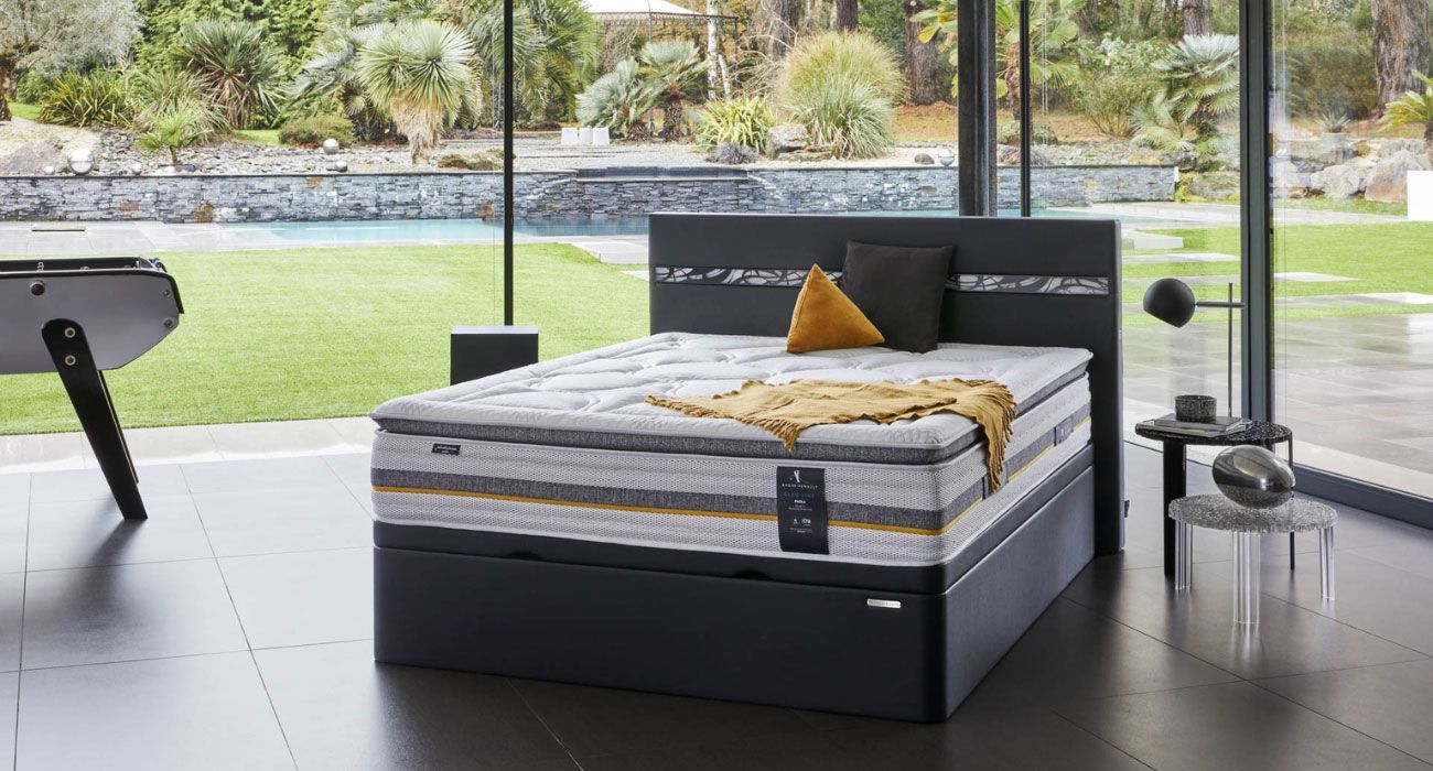 Ensemble de lits de marque André Renault dans une pièce vitrée donnant sur un jardin