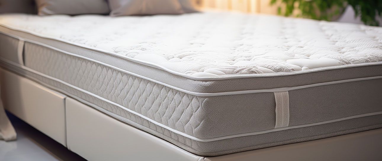 Zoom sur un matelas blanc et gris dans une chambre
