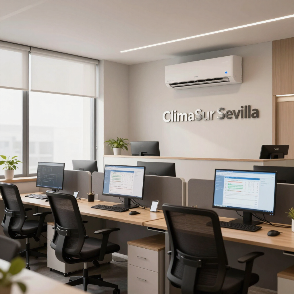 Oficina moderna con escritorios, computadoras y sillas, que cuenta con un letrero en la pared y aire acondicionado.