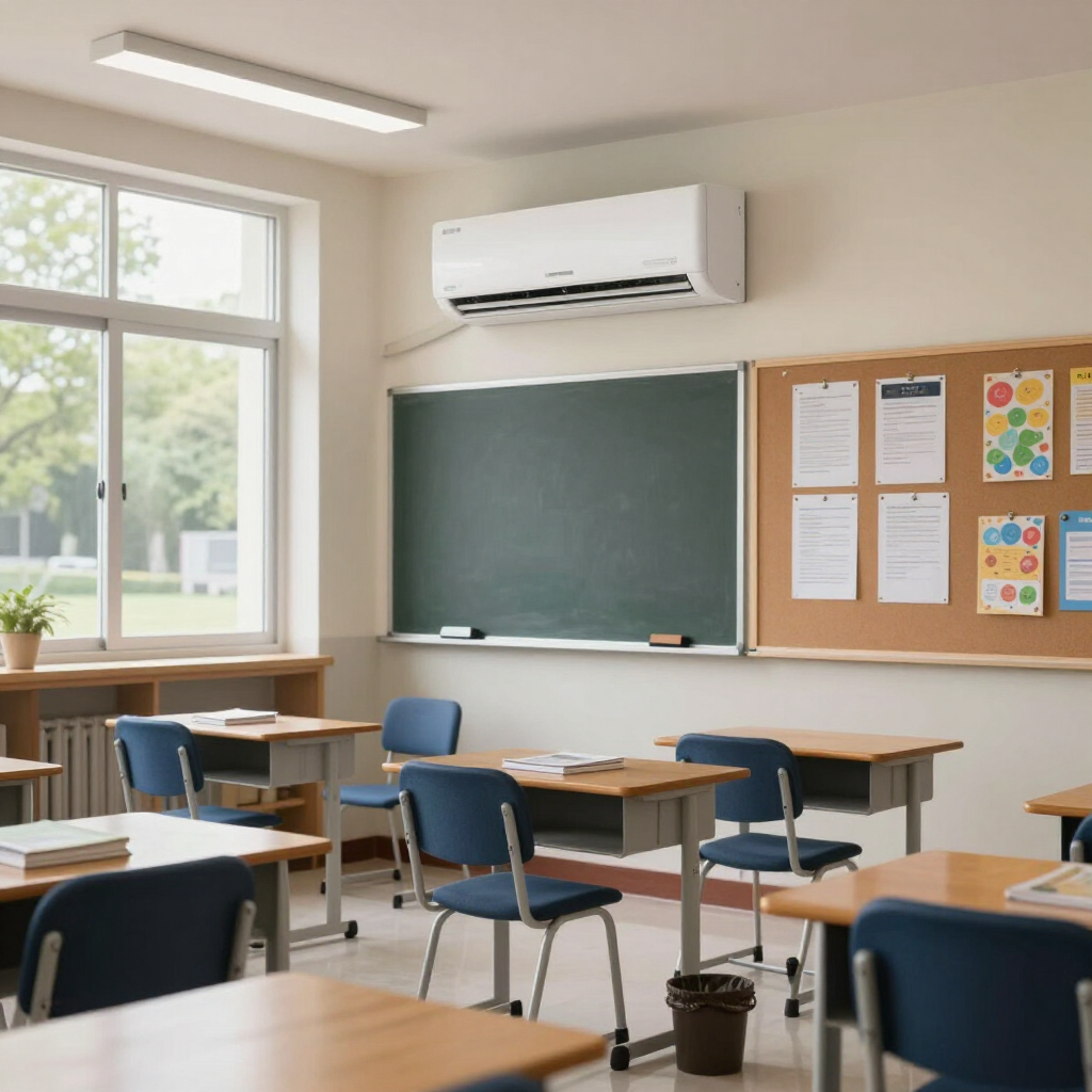 Aula vacía con pupitres, pizarra, tablón de anuncios y aire acondicionado junto a una ventana.