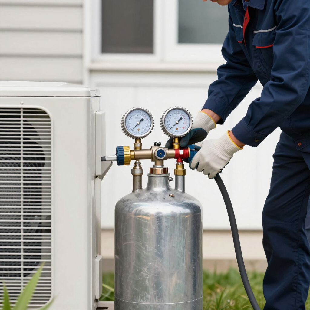 Técnico conectando manómetros y mangueras a un tanque de refrigerante junto a una unidad de aire acondicionado exterior.