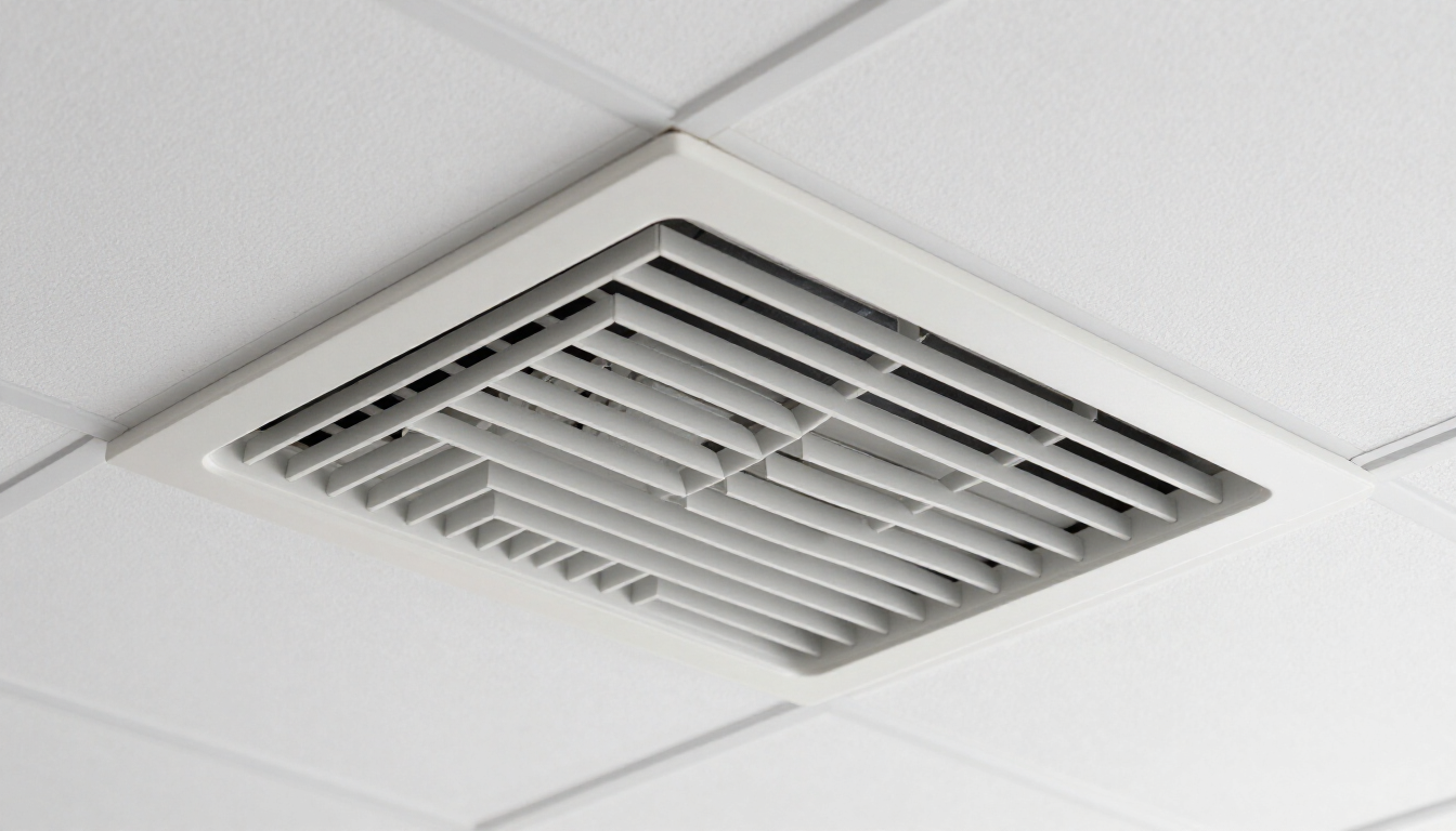 Rejilla de ventilación de techo con rejilla metálica blanca en un panel de techo suspendido.