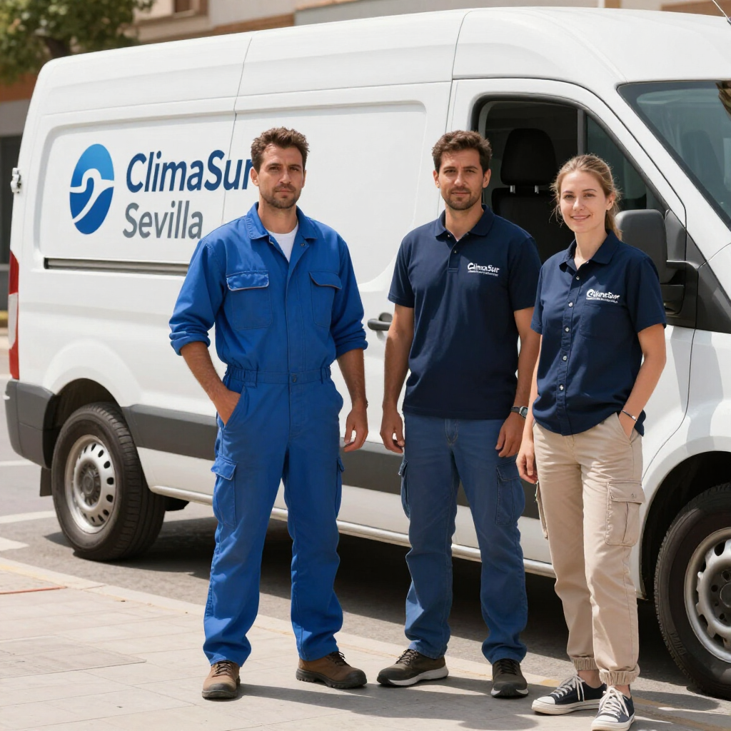 Tres técnicos uniformados de ClimaSur Sevilla de pie junto a una furgoneta de servicio blanca.