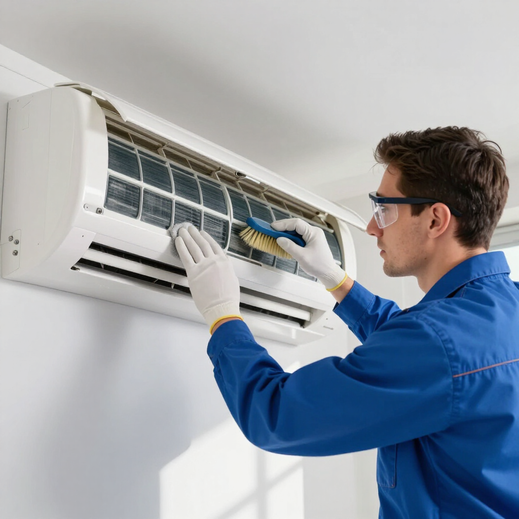 Técnico limpiando un aire acondicionado de pared con un cepillo y un paño.