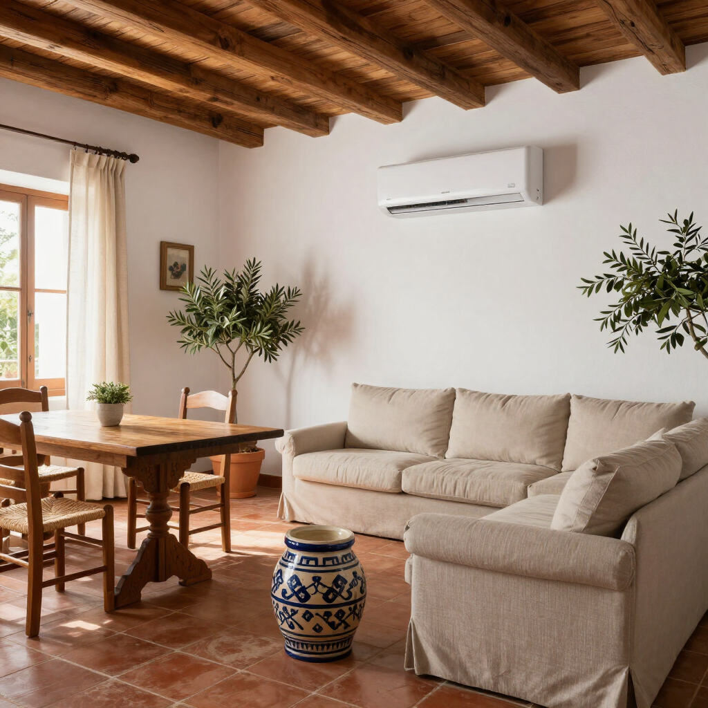 Acogedor salón-comedor rústico con sofá beige, mesa de madera, suelo de terracota y aire acondicionado mural.