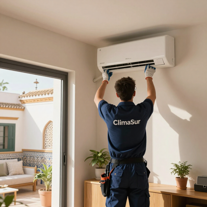 Técnico instalando un aire acondicionado blanco de pared en una habitación luminosa.