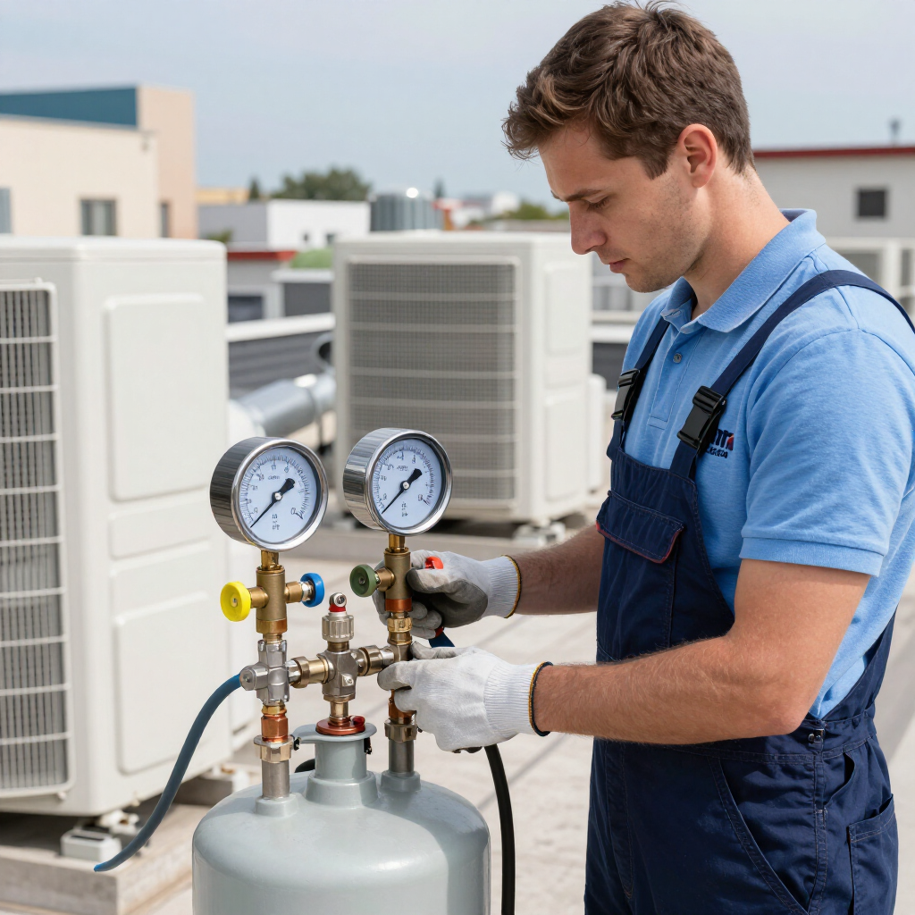 Técnico con mono azul inspeccionando manómetros en equipos de climatización al aire libre.