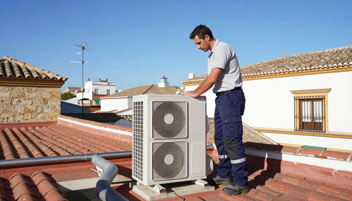 Técnico instalando una unidad de aire acondicionado exterior en una azotea bajo un cielo despejado.