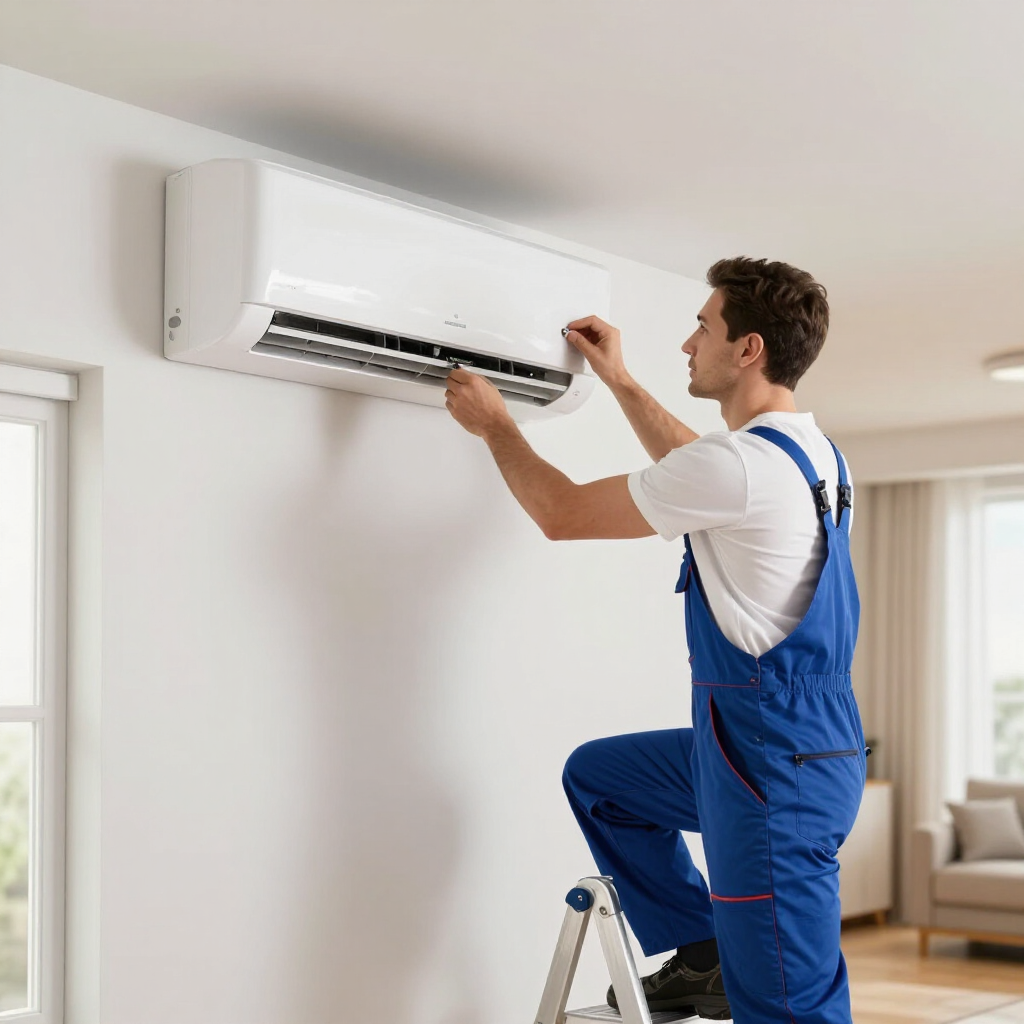 Técnico con mono azul realizando el mantenimiento de un aire acondicionado de pared subido a una escalera.