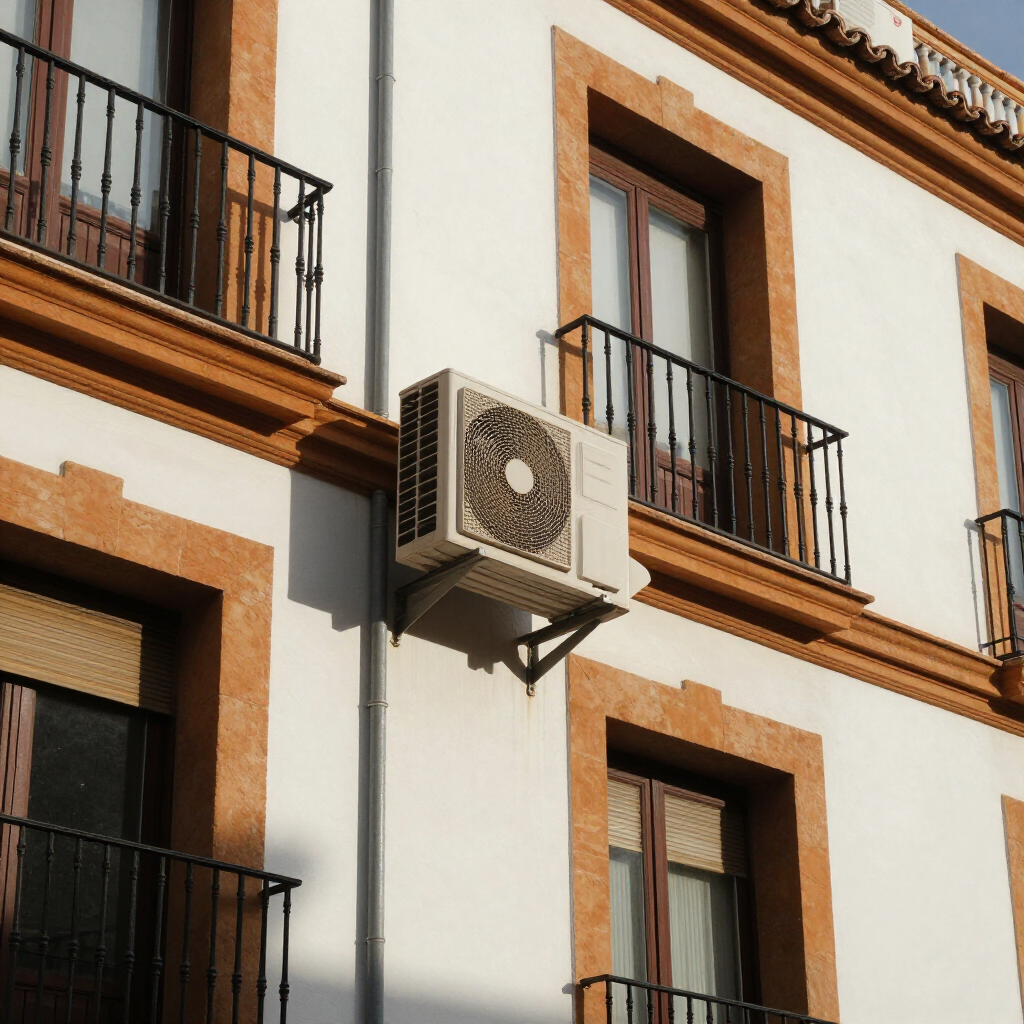 Fachada blanca de un edificio de apartamentos con balcones negros y una unidad de aire acondicionado instalada.