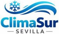 Logotipo de ClimaSur Sevilla con icono de ola azul y copo de nieve sobre fondo blanco.