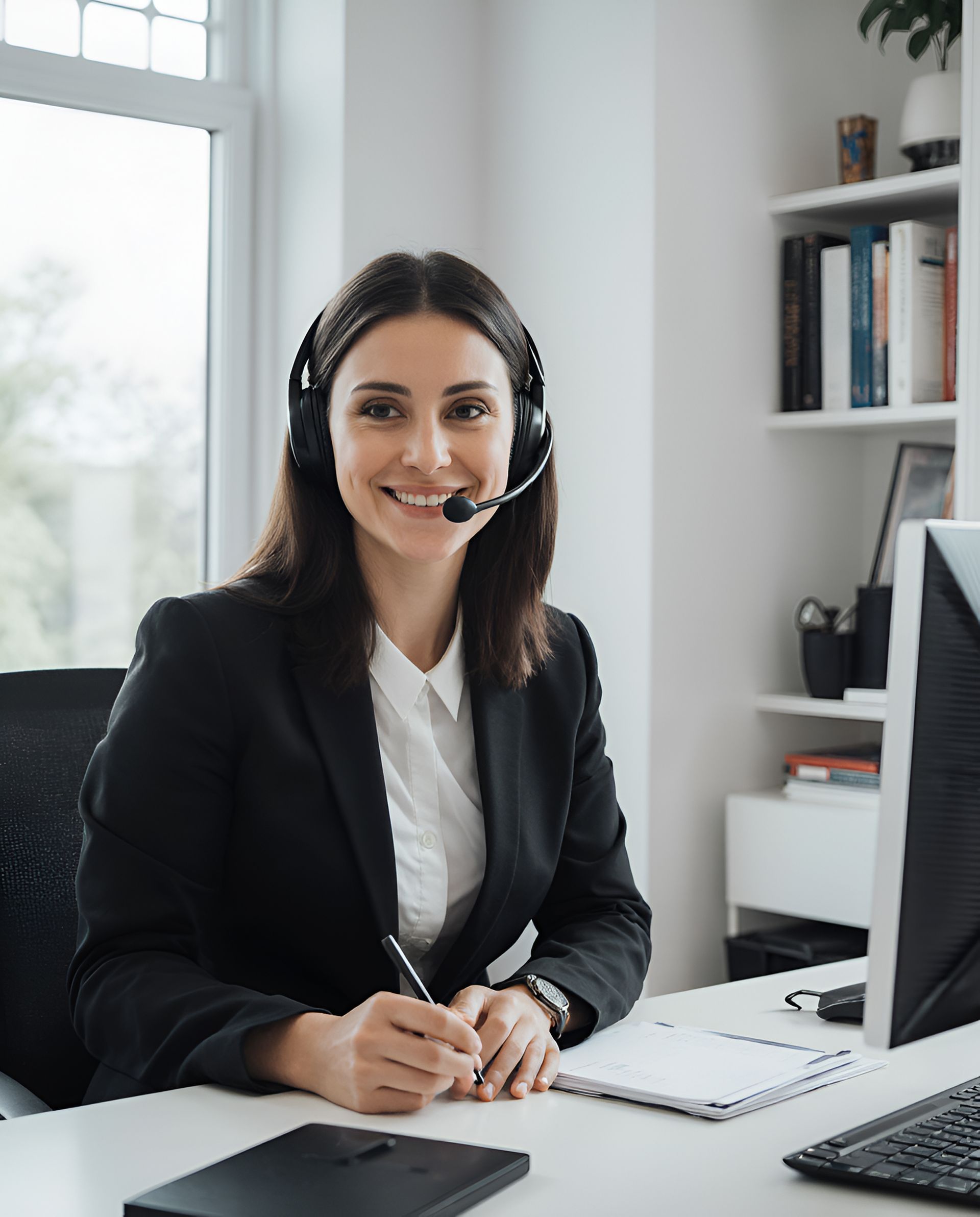 Frau in schwarzem Blazer und Headset lächelt, während sie an einem Schreibtisch in einem gut beleuchteten Büro arbeitet.