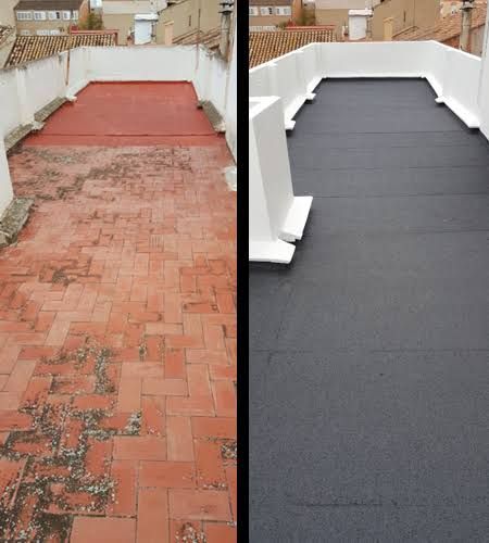 Antes y después de una terraza en la azotea: el desgastado ladrillo rojo se sustituyó por un entarimado liso de color gris oscuro con bordes blancos.