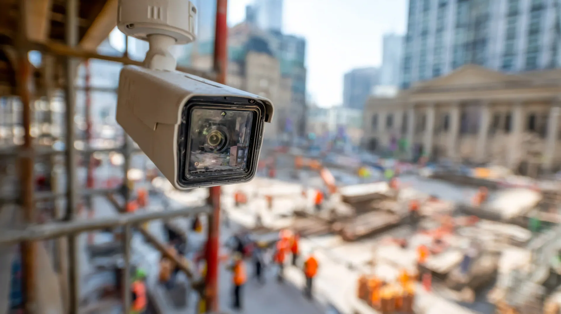 Tres guardias de seguridad con chalecos amarillos, frente a una obra en construcción con grúas y edificios.