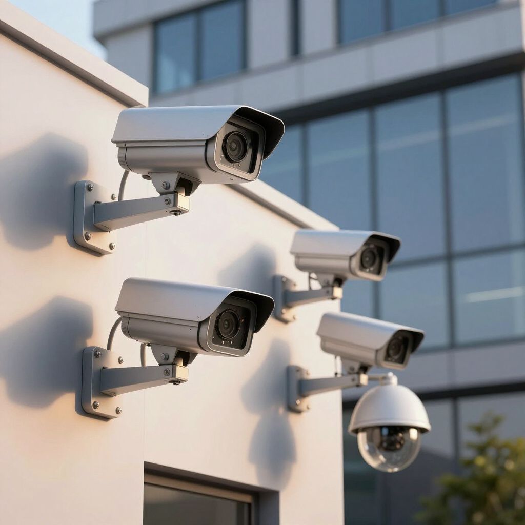 Cuatro cámaras de seguridad y una cámara domo montadas en el exterior de un edificio.