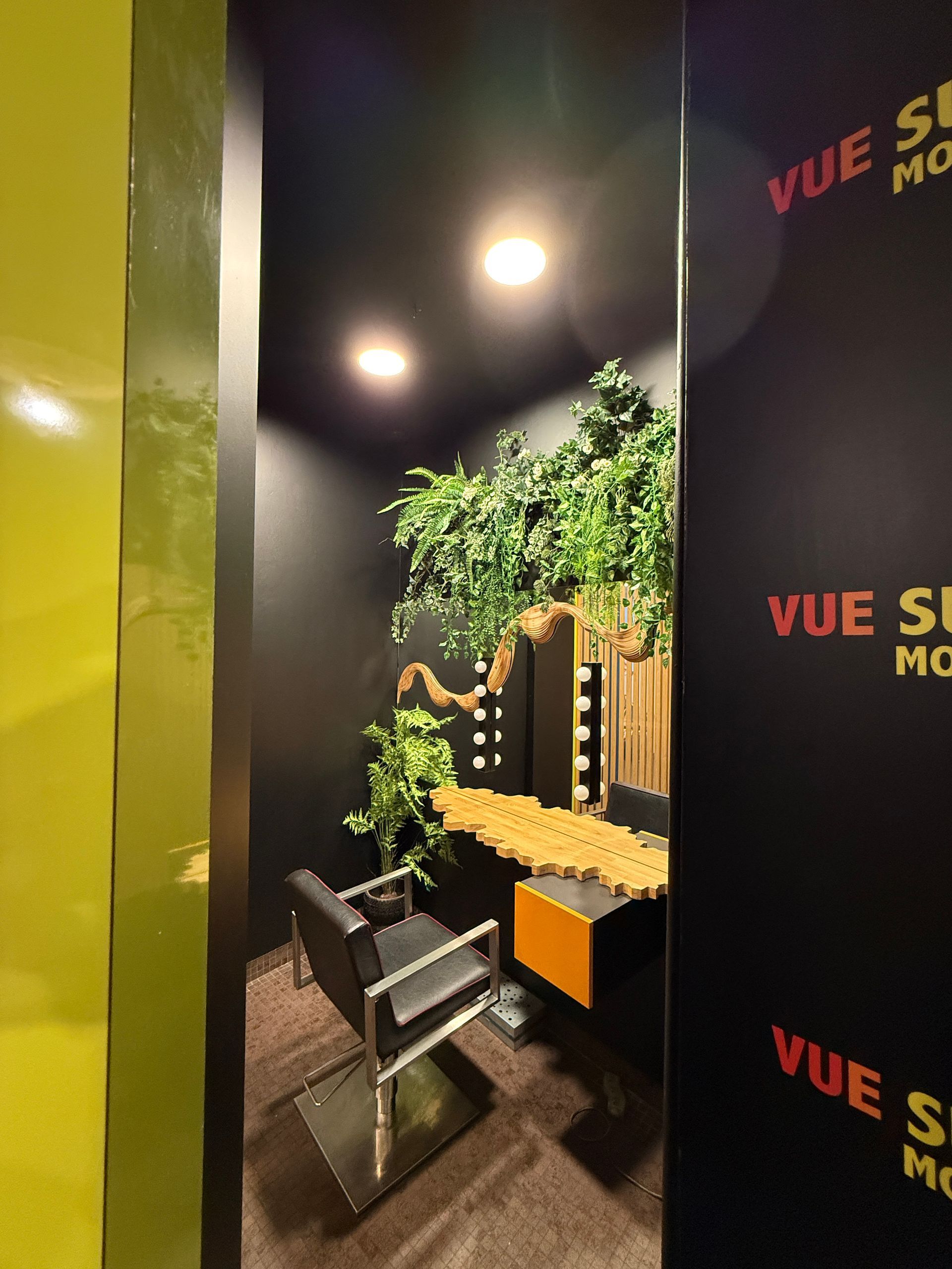 Vue sur un poste de coiffage privatif avec plantes tombantes en décoration