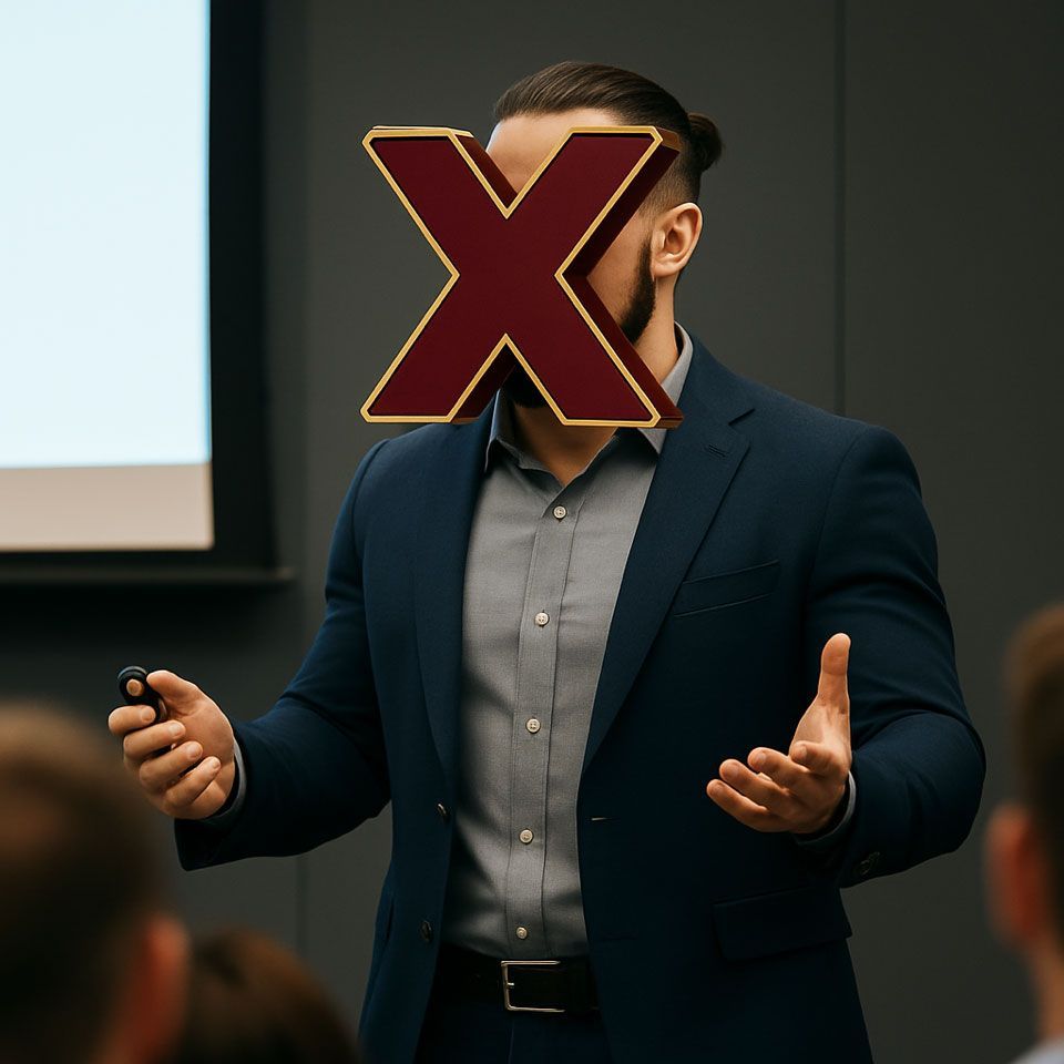 Mann im Anzug hält eine Präsentation, die Hände sind erhoben, sein Gesicht ist mit einem kastanienbraunen „X“ bedeckt.