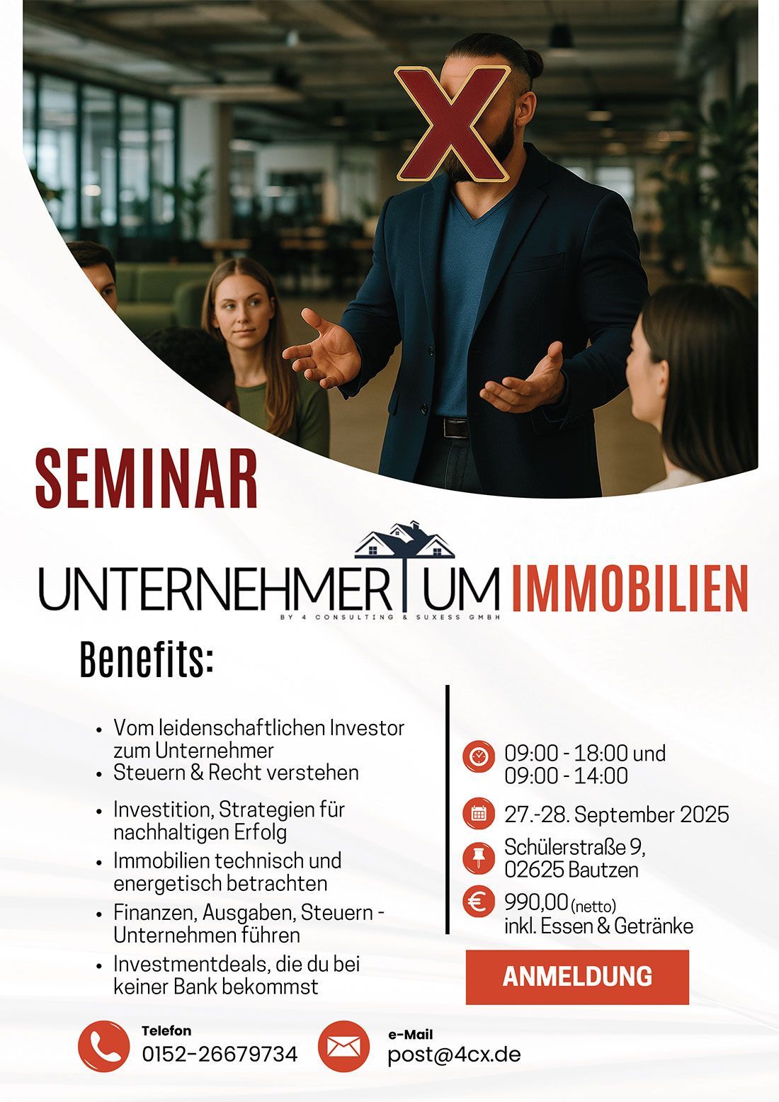 Flyer: Seminar for entrepreneurs in real estate. A speaker addresses a group, with a red "X" over his face.