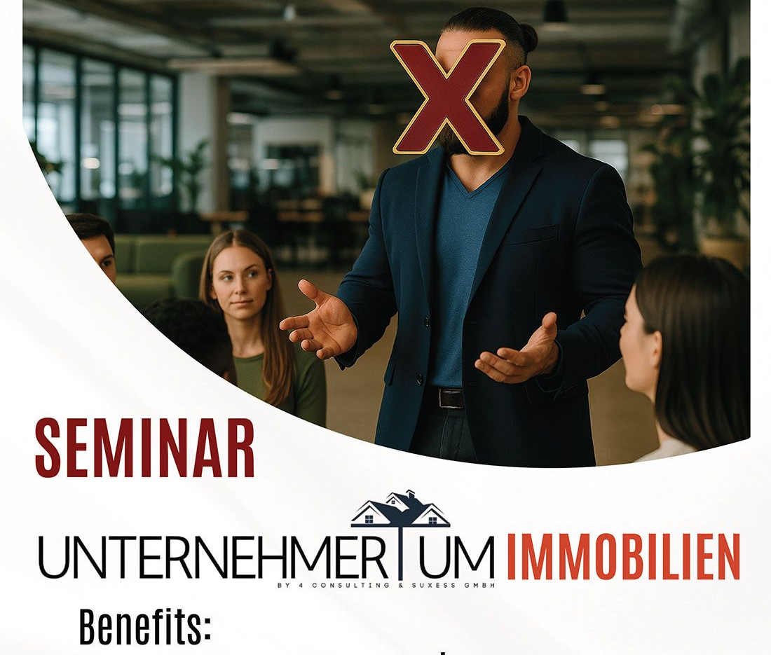 Seminarflyer für Immobilieninvestoren mit Angaben zu Referenten, Teilnehmern und Kontaktdaten.
