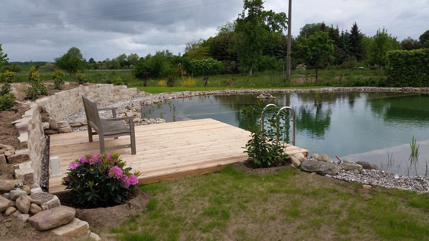 Mittelgroßer Schwimmteich mit Holzsteg