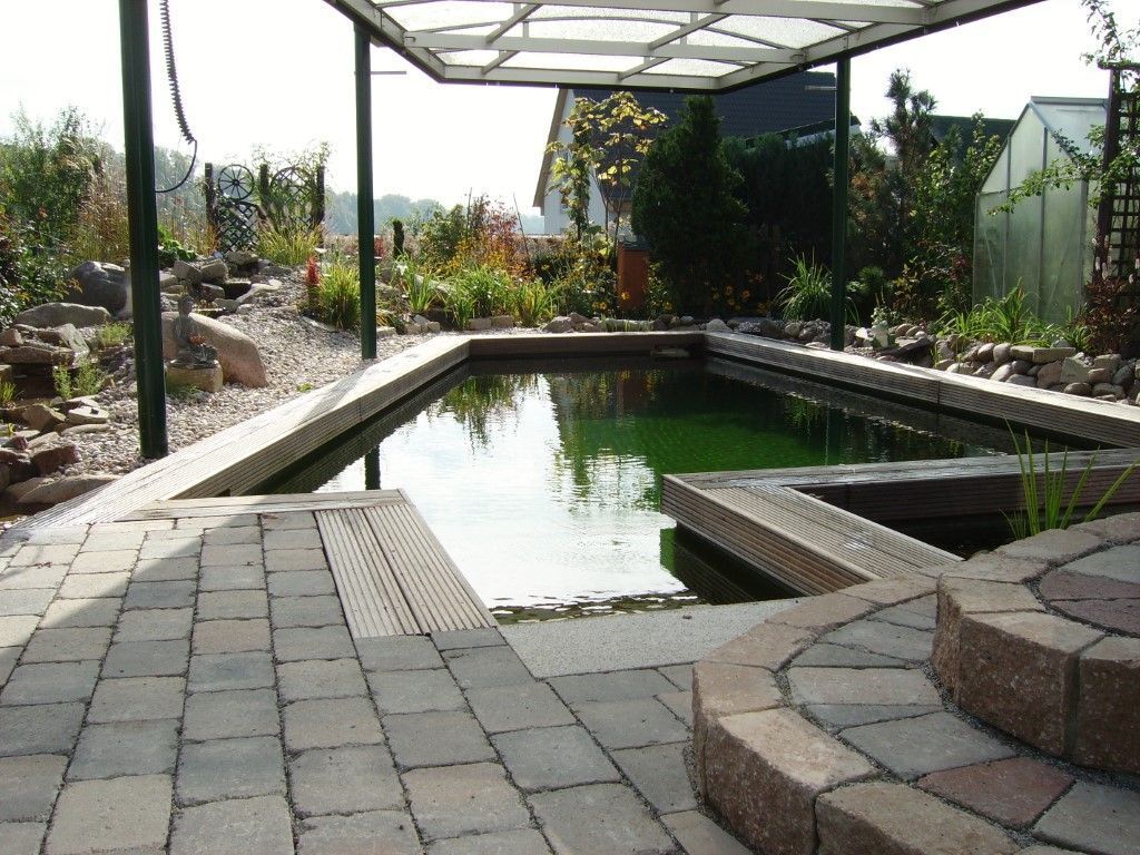 Naturpool mit Pflaster und Dachabdeckung