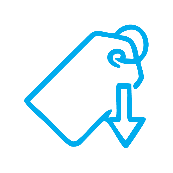 Ein blaues Symbol in Form eines Preisschilds mit einem nach unten zeigenden Pfeil, das einen Rabatt oder eine Preissenkung darstellt.