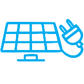 Ein blaues Symbol eines Solarpanels, das mit einem Netzstecker verbunden ist und Solarenergie darstellt.