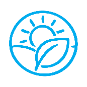 Ein blaues, kreisförmiges Symbol mit einer stilisierten Sonne, die über einer hügeligen Landschaft aufgeht, im Vordergrund ein Blatt.