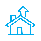 Ein blaues Symbol eines Hauses mit Schornstein und einem nach oben zeigenden Pfeil, der vom Dach emporragt.