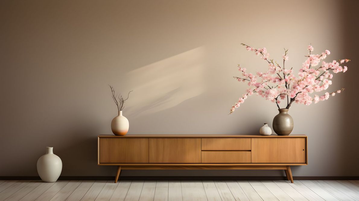 Photo qui représente un meuble devant un mur peint en marron