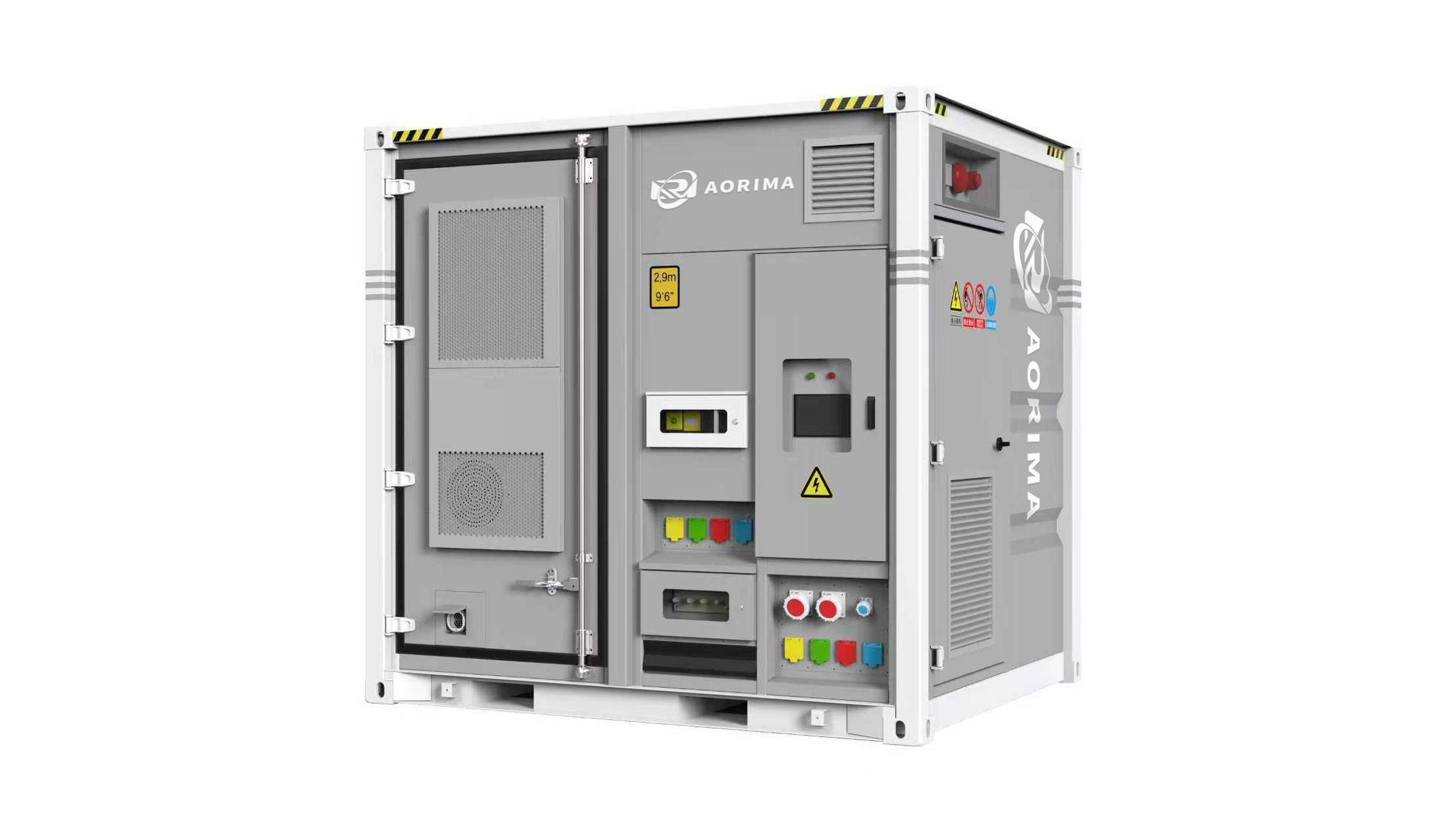 Un conteneur industriel gris contenant des composants électriques et une signalétique, probablement destiné à la production ou à la distribution d'énergie.