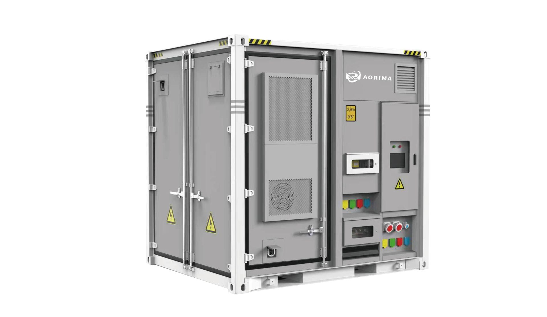 Conteneur industriel gris avec panneaux, aérations et interfaces de commande.