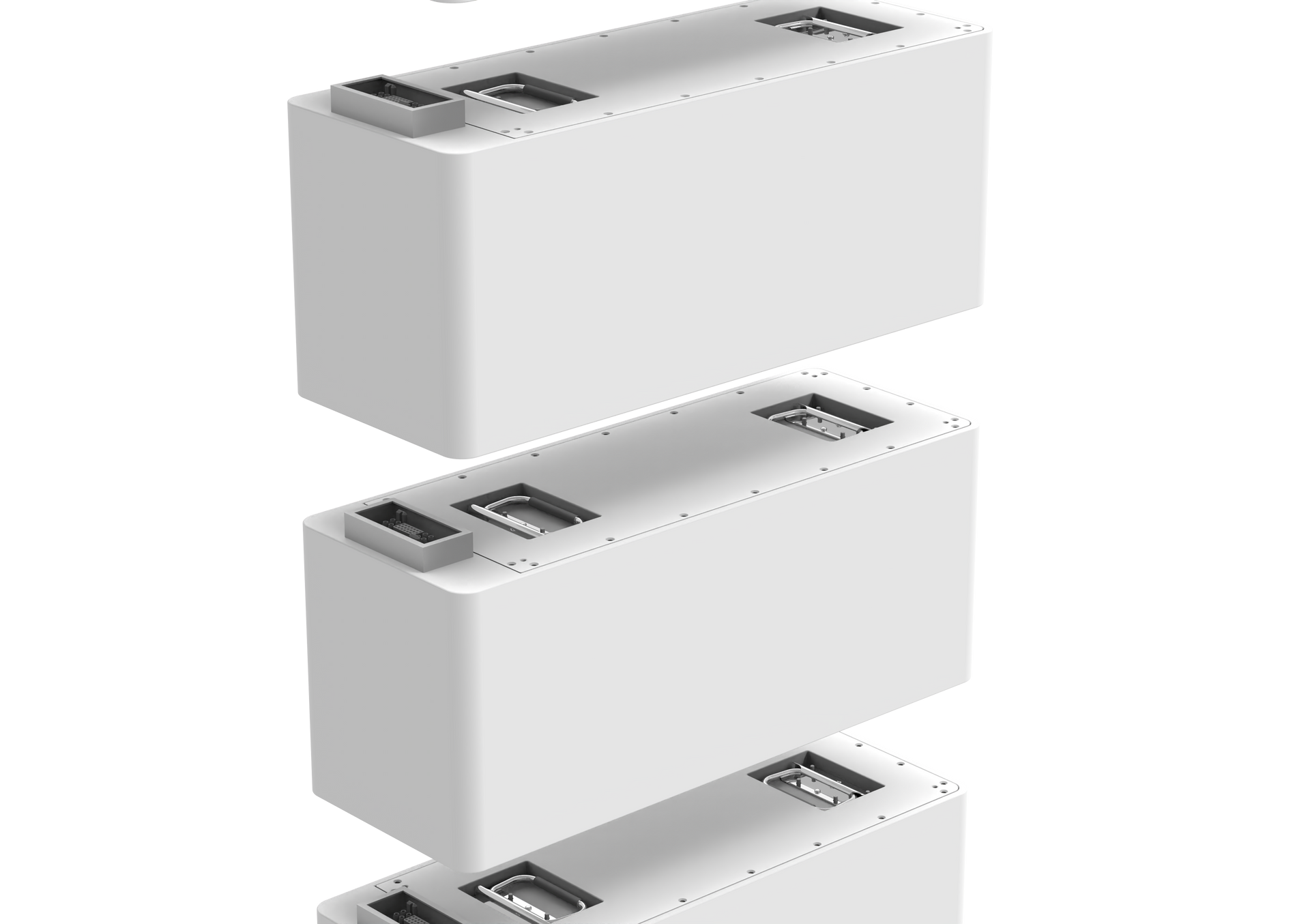 Trois boîtes rectangulaires blanches empilées, avec des bornes métalliques sur le dessus.