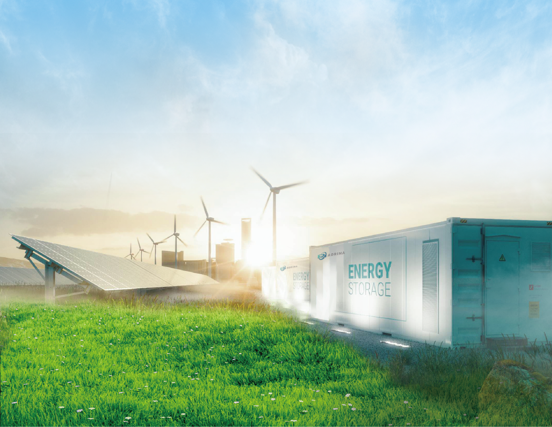 Des panneaux solaires, des éoliennes et des conteneurs de stockage d'énergie installés dans un champ produisent de l'énergie renouvelable.