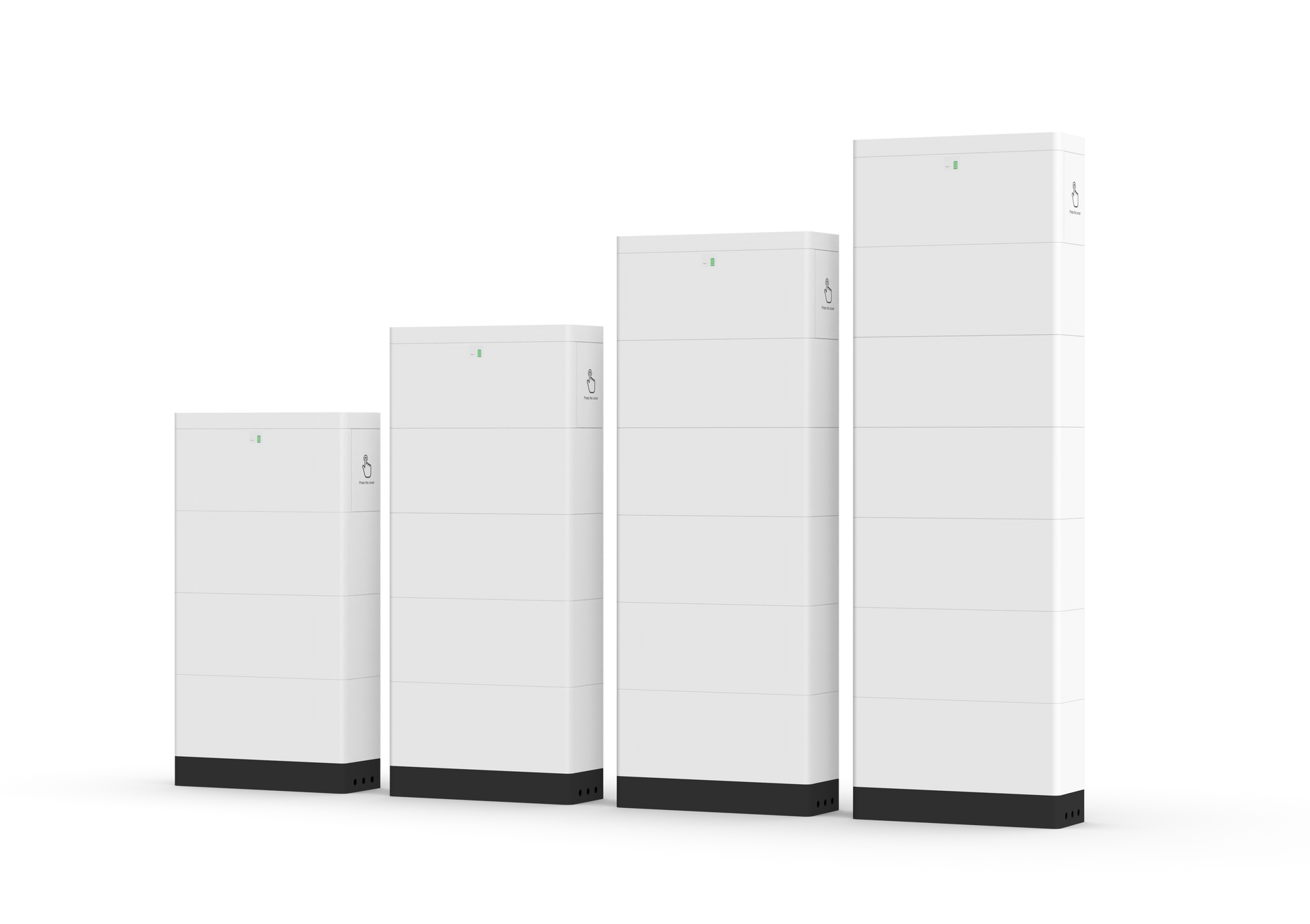 Quatre blocs-batteries rectangulaires blancs de hauteur croissante sur fond blanc.