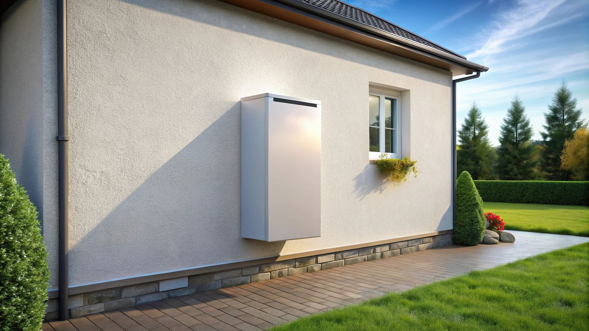 Un système de stockage d'énergie domestique rectangulaire et argenté, installé sur la façade blanche d'une maison, à côté d'une fenêtre.