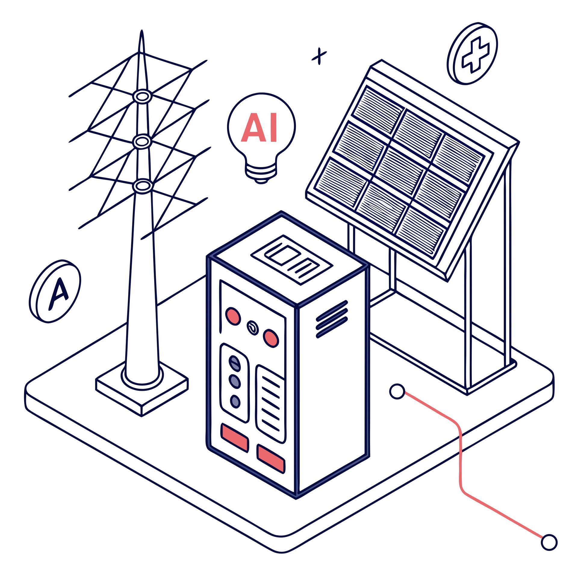 Vue isométrique d'un réseau électrique avec un panneau solaire, un boîtier de commande et une ampoule à intelligence artificielle.