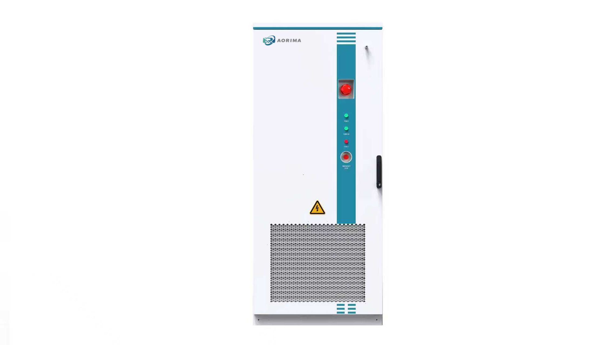 Unité industrielle blanche et turquoise avec ventilation, bouton rouge et symbole d'avertissement.