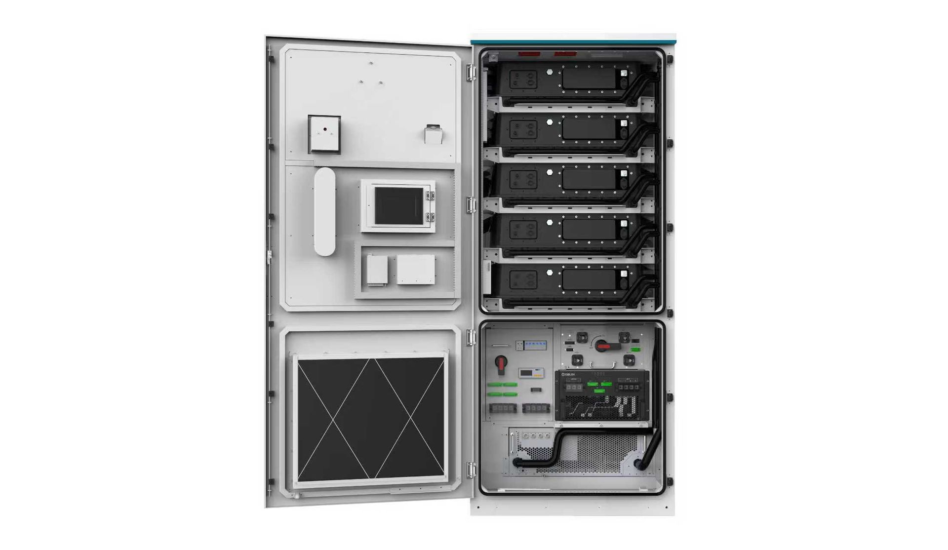 Armoire ouverte contenant des équipements électroniques, avec des modules noirs empilés et des panneaux de commande.