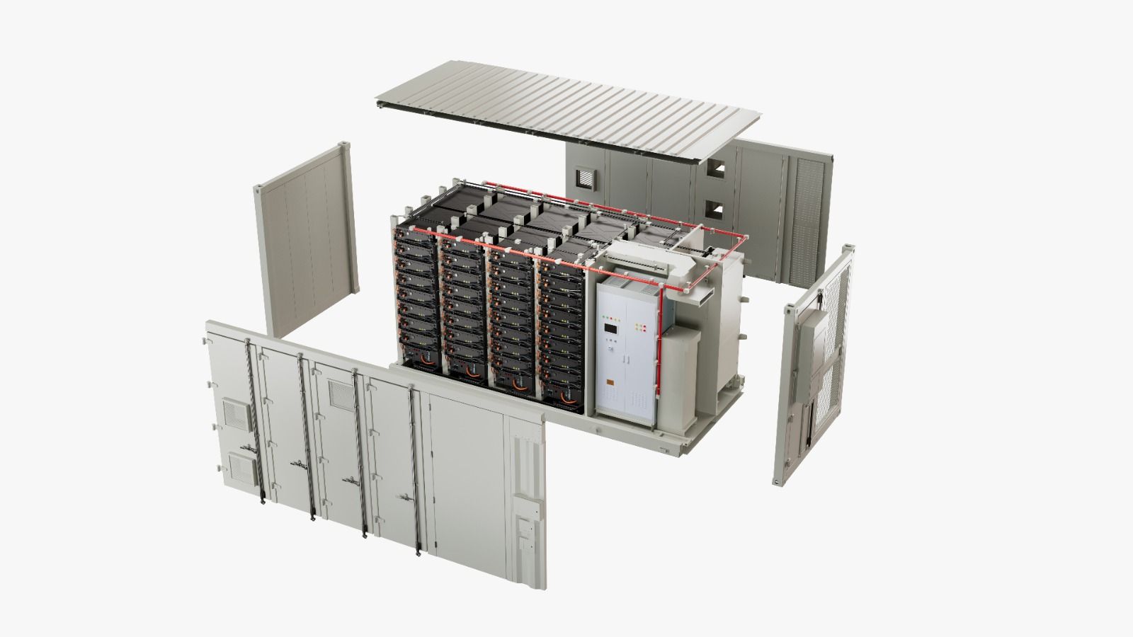 Vue éclatée d'un système de stockage d'énergie par batterie. Modules rectangulaires gris avec cellules et panneaux de batterie internes.