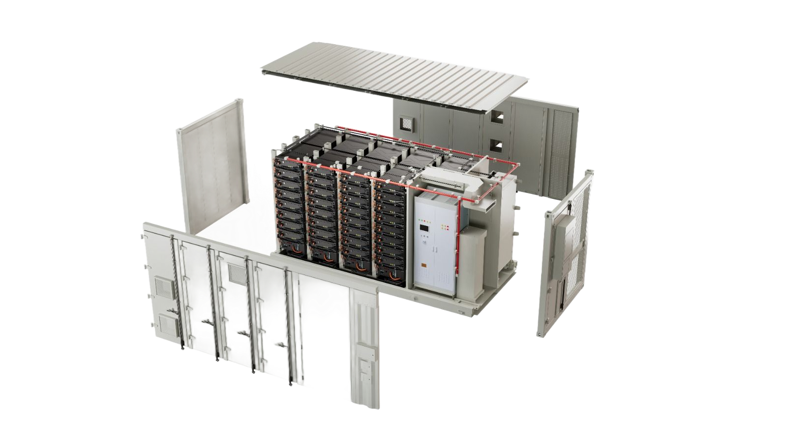Vue éclatée d'un système de stockage d'énergie par batterie. Elle présente les panneaux individuels et les composants internes pour l'installation.